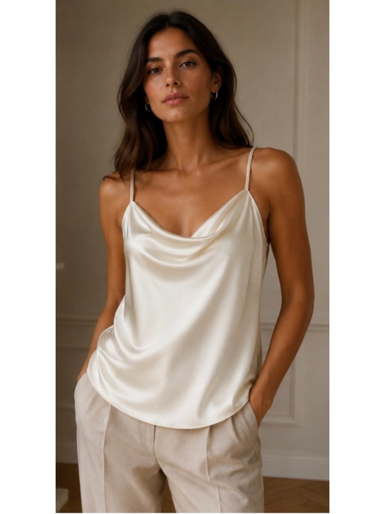 cinq a sept Tops - Cinq a Sept Cream Gold Satin Cowl Neck Camisole Top L Braided Tassels Quiet Lux